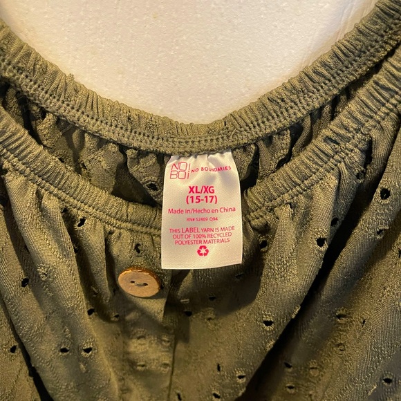 No Boundaries Perforated Drawstring Blouse with Wooden Button Design Olive Green - Picture 6 of 6